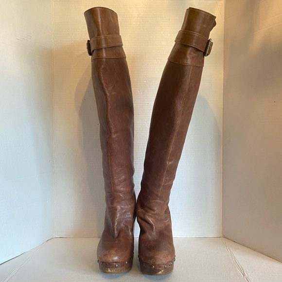 Leather Michael Kors Yolanda Over the Knee Platform Block Heel Brown Boots S z 7 - Picture 2 of 16